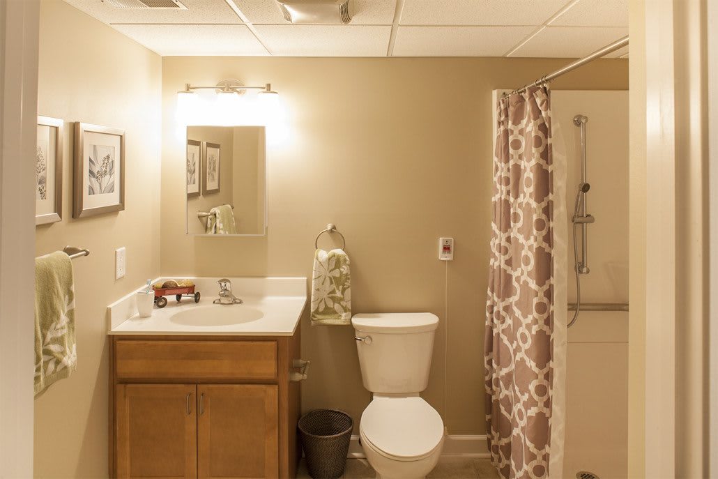 A well-lit bathroom featuring a sink, toilet, and patterned shower curtain.