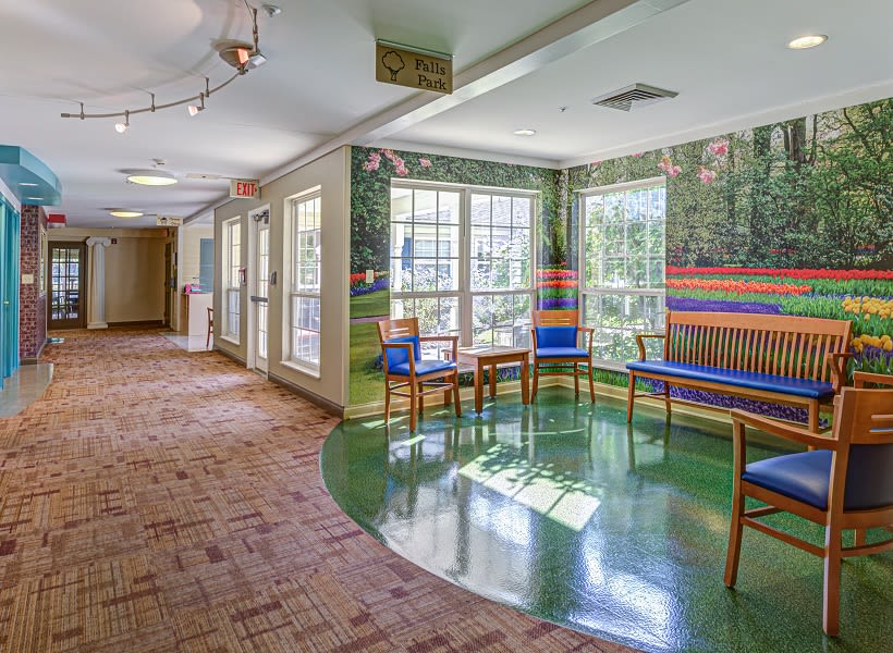 A bright waiting area with chairs, large windows, and a scenic mural.