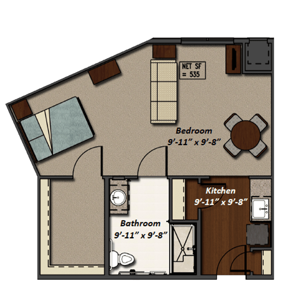 A compact apartment floor plan featuring a bedroom, kitchen, and bathroom.