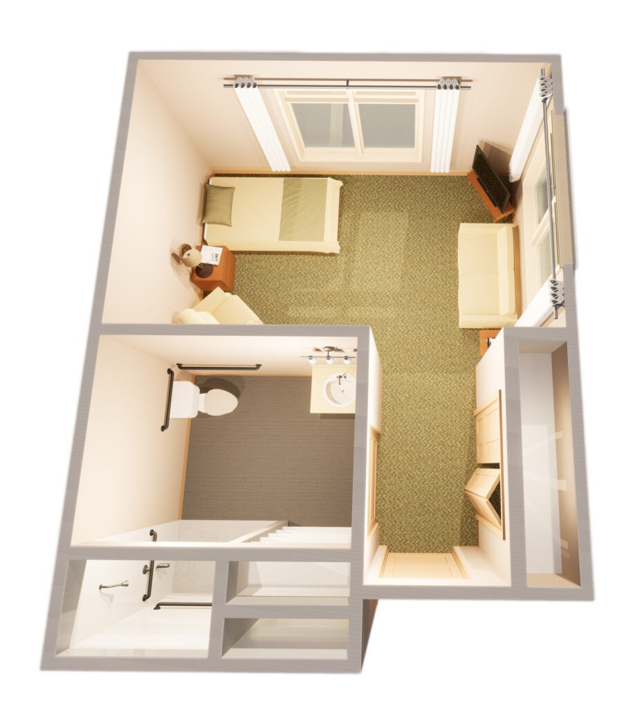 A 3D floor plan of a small bedroom with an attached bathroom, featuring a bed, desk, and wardrobe.