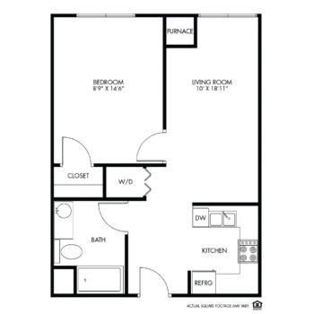 A simple one-bedroom apartment floor plan featuring a kitchen, living room, bedroom, and bathroom.