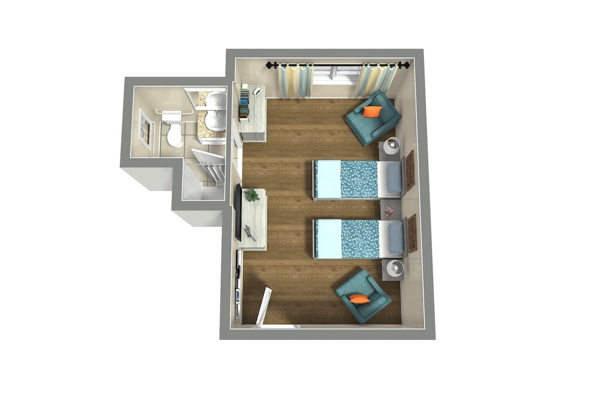 A 3D floor plan of a bedroom featuring twin beds and a compact bathroom area.