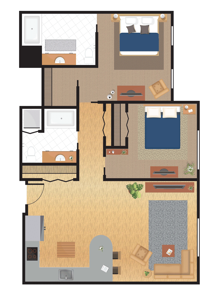 A detailed floor plan of an apartment showcasing two bedrooms, a living room, and a kitchen.