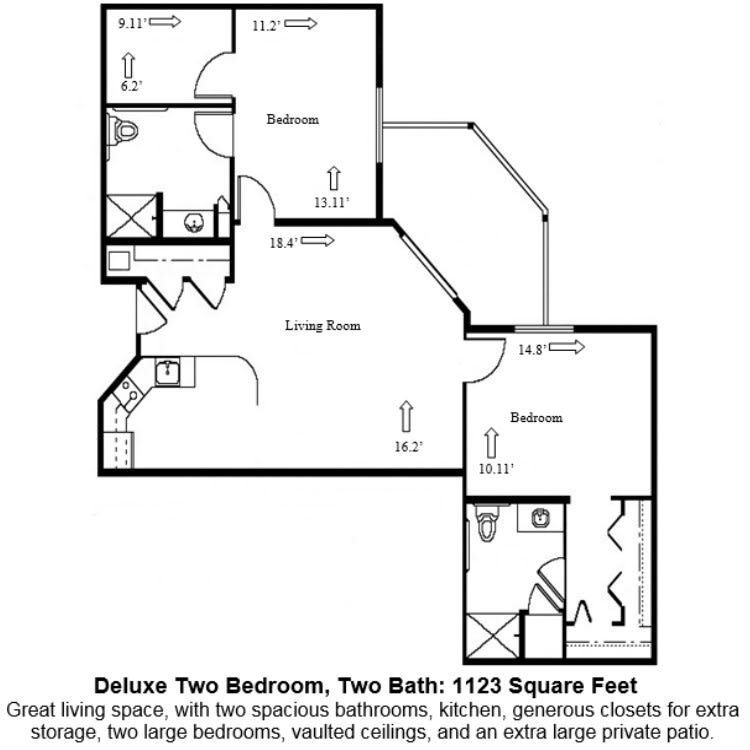 Deluxe two-bedroom, two-bathroom apartment floor plan with spacious living area and extra-large private patio.