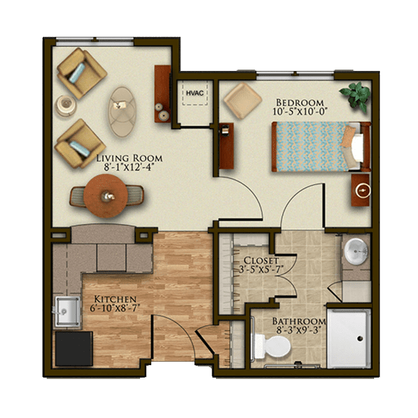 A one-bedroom apartment floor plan with a living room, kitchen, and bathroom.