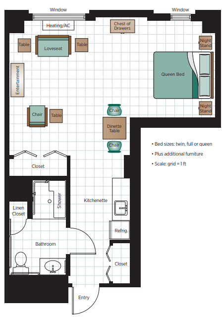Floor plan of a one-bedroom apartment including living room, kitchen, and bathroom layout.