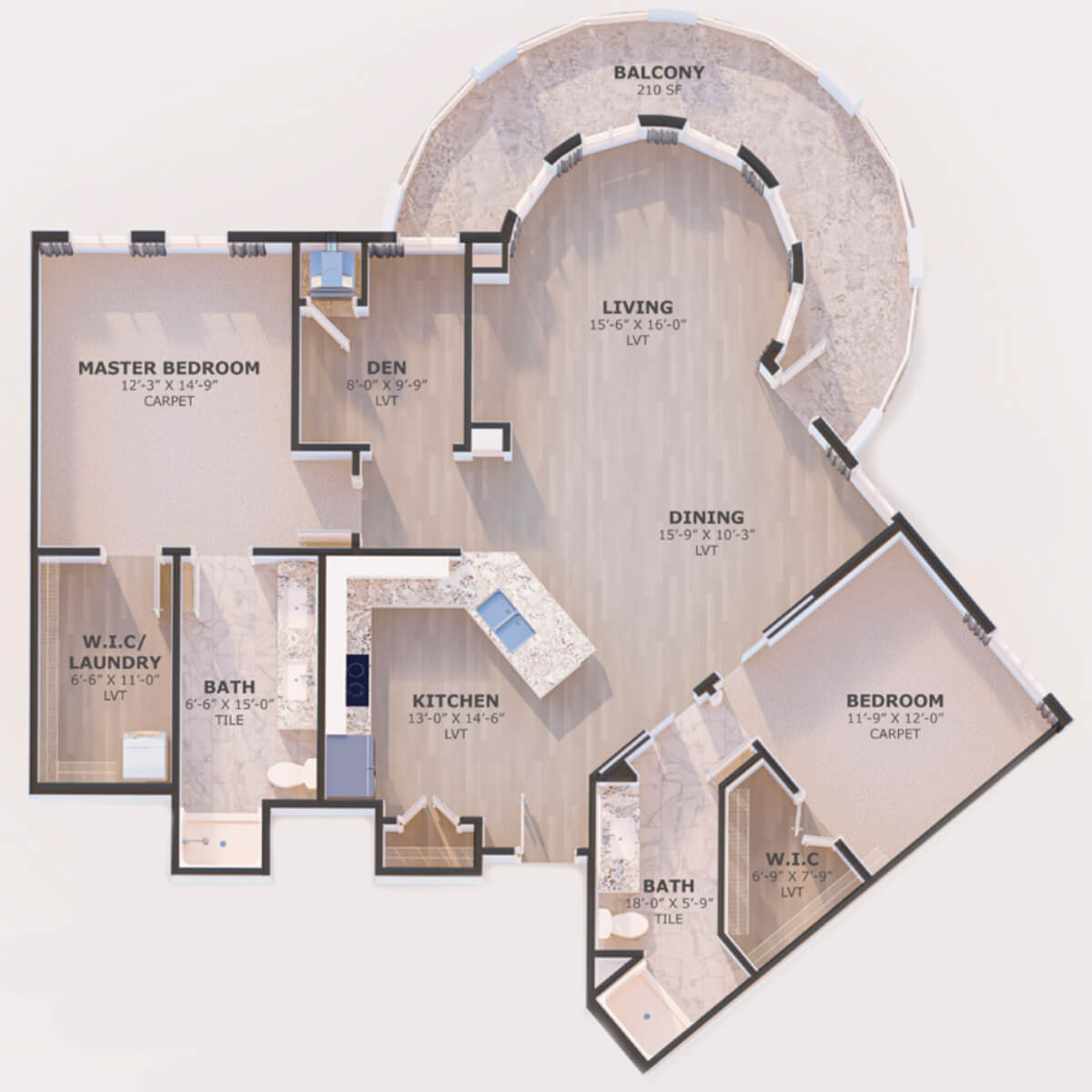 A detailed floor plan showcasing the layout of a modern apartment with designated living spaces.