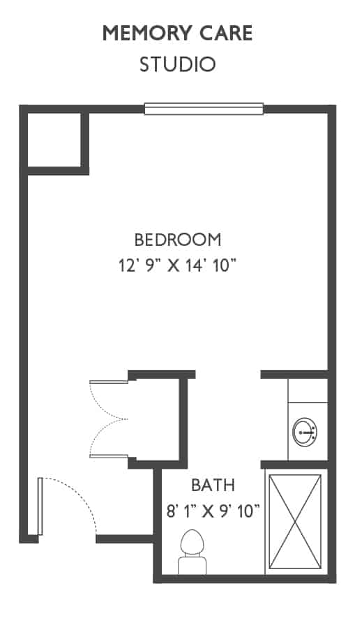 A floor plan showing a bedroom and bathroom layout.