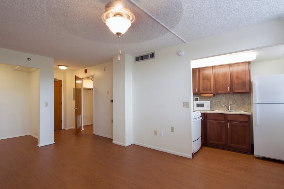 A view of an empty apartment interior with wood flooring, showcasing a living area and adjacent kitchen.