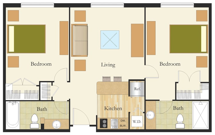 A floor plan of an apartment with designated rooms for living, kitchen, bedroom, and bathroom.