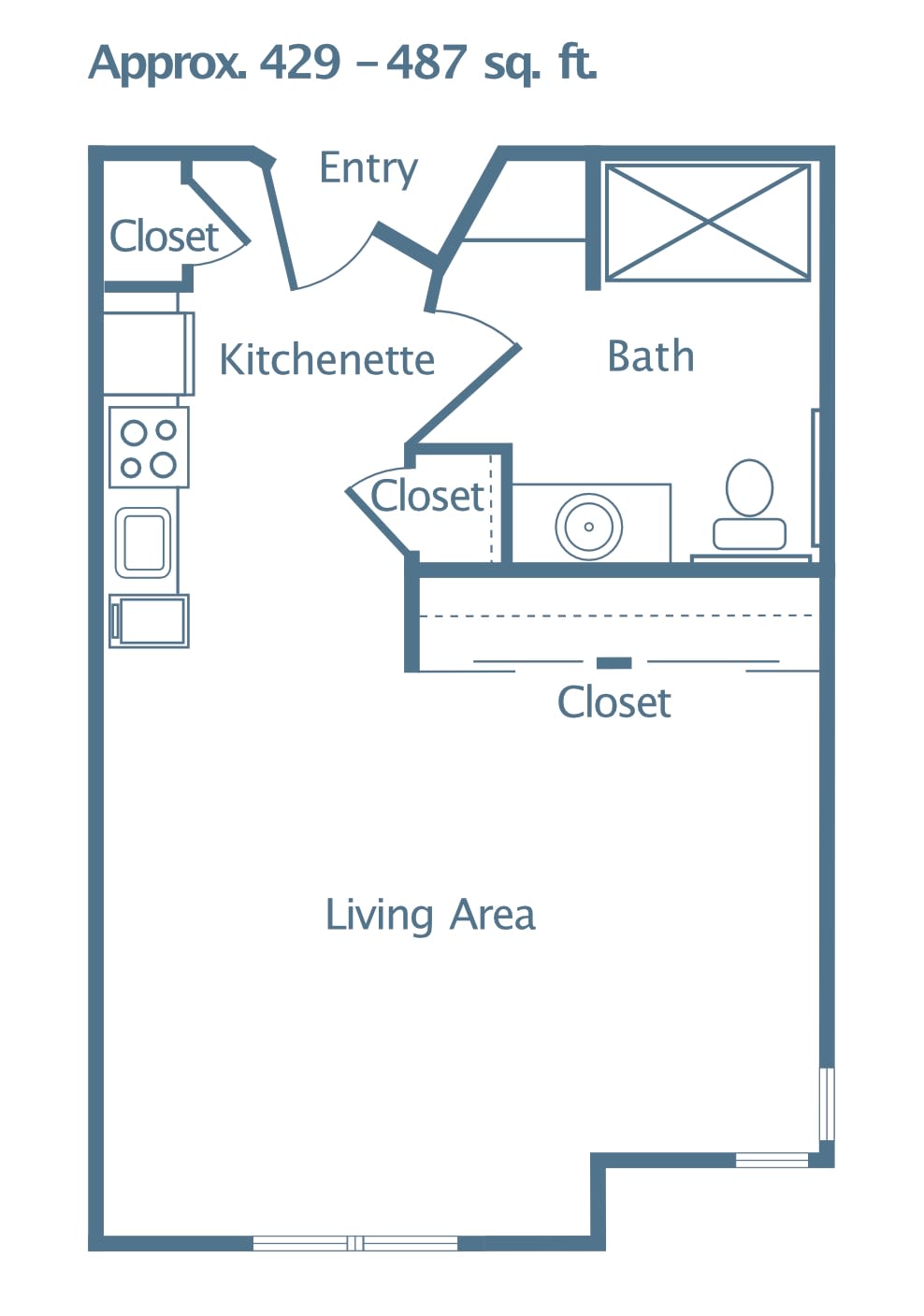 Studio apartment floor plan with kitchenette, bathroom, and living area.