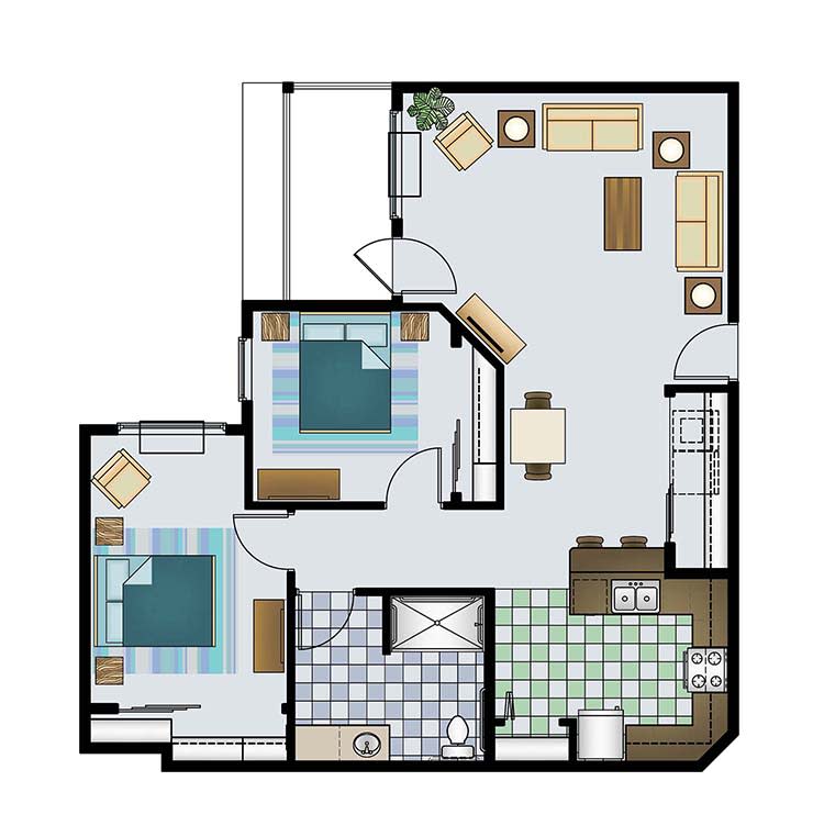 A floor plan of a two-bedroom apartment with a living room, kitchen, and bathroom.