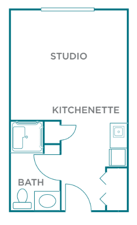 Floor plan of a studio apartment with a kitchenette and bathroom.
