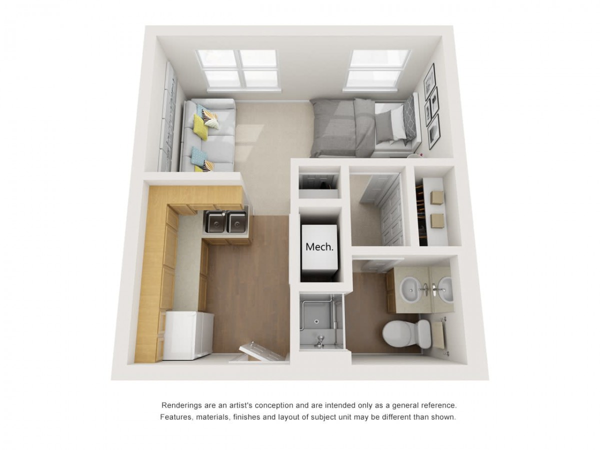 3D floor plan of a compact studio apartment with a bathroom, kitchen, and living area.