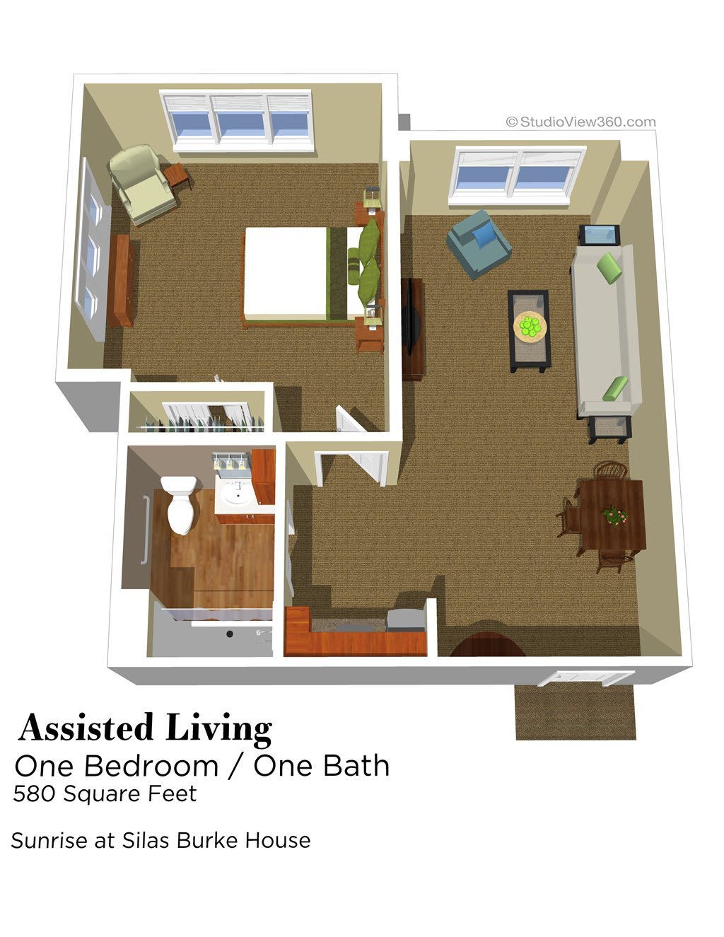 A 3D floor plan of an assisted living apartment featuring one bedroom and one bathroom, totaling 560 square feet.