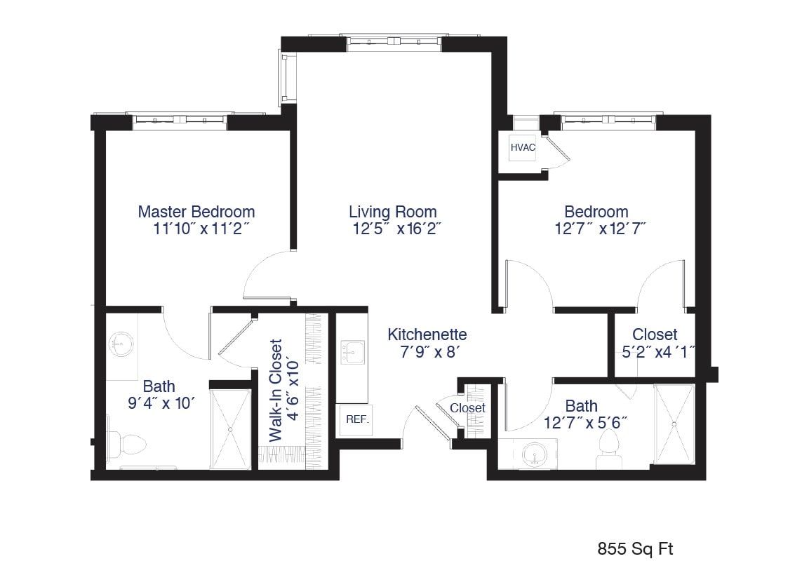 A floor plan of an apartment featuring two bedrooms, a living room, kitchen, and two bathrooms.