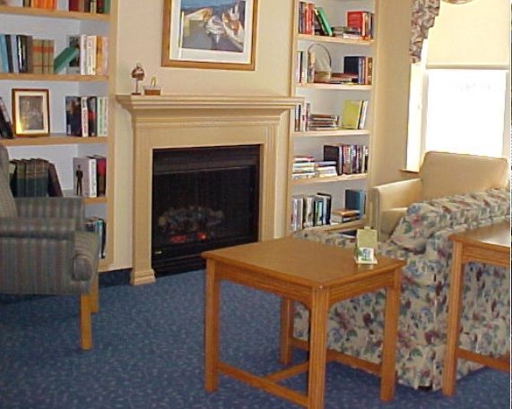 Cozy living room with a fireplace, bookshelves, and comfortable seating.