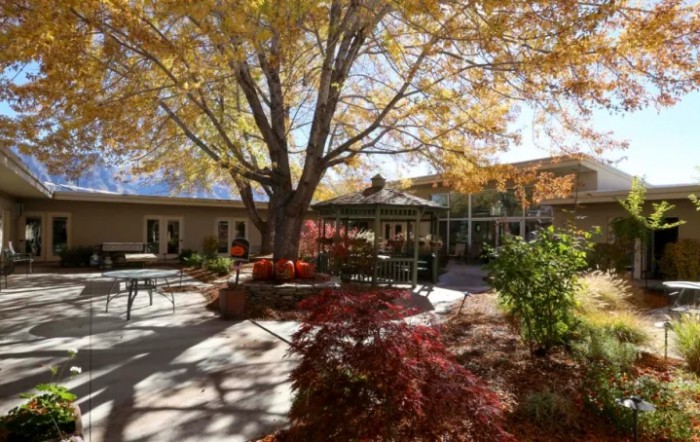 A peaceful courtyard with autumn foliage and sun-dappled pathways.