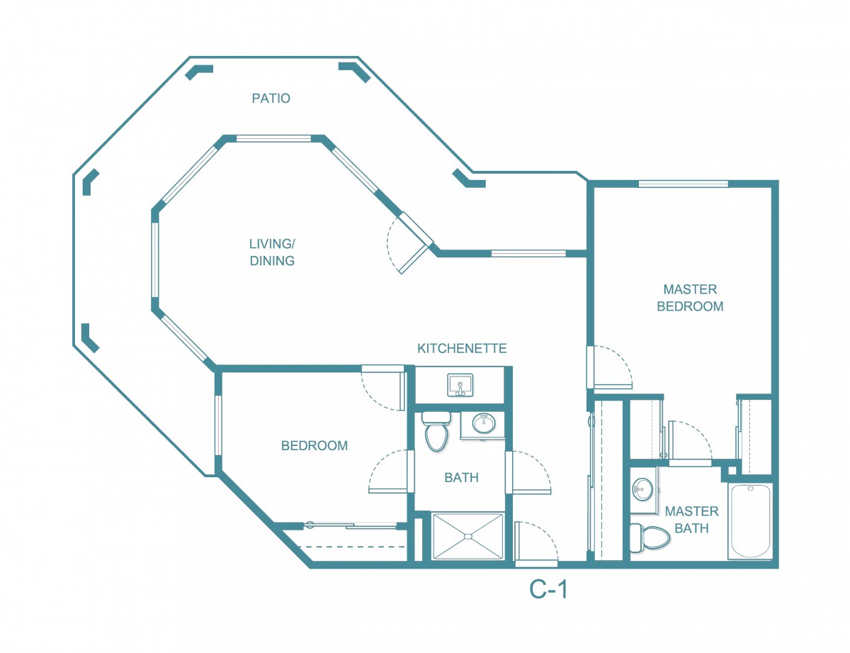 A detailed floor plan of an apartment, featuring a living/dining area, kitchen, master bedroom, additional bedroom, and bathrooms.