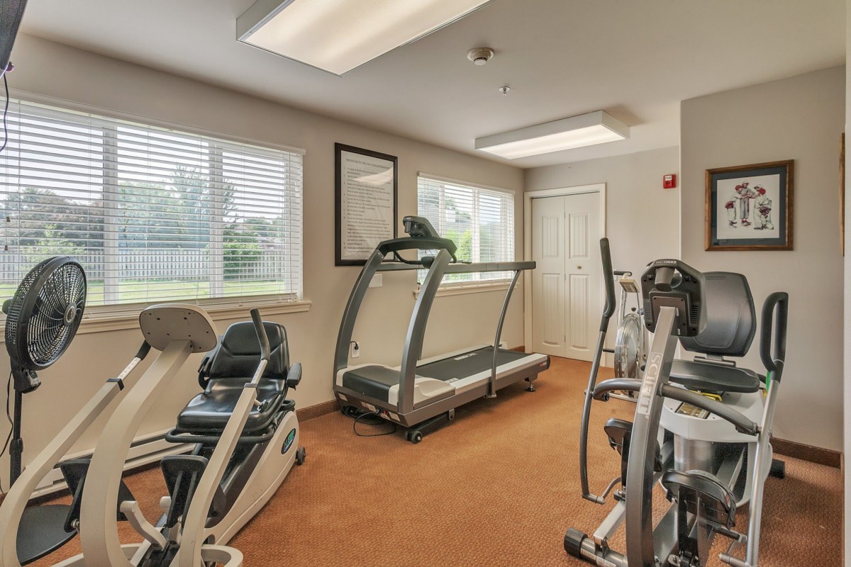 A small indoor gym equipped with treadmills and elliptical machines.