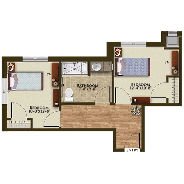 This image shows a floor plan of an apartment featuring two bedrooms, a bathroom, and a living area with wood flooring.