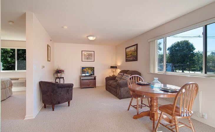 A cozy living room featuring a sofa, armchair, and dining table with a television set against the wall.