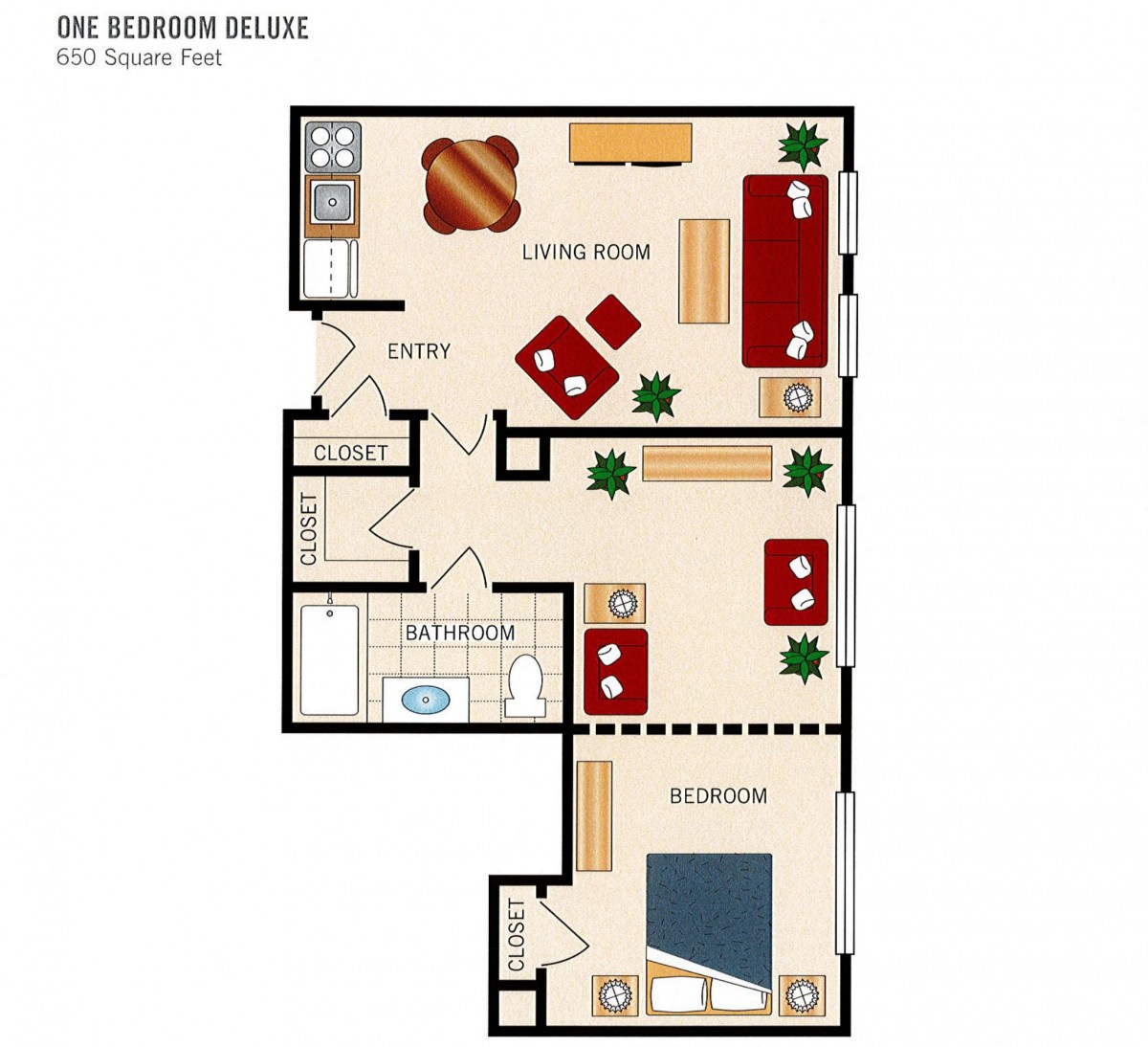 Layout of a one-bedroom apartment showing the living room, kitchen, bathroom, and bedroom.