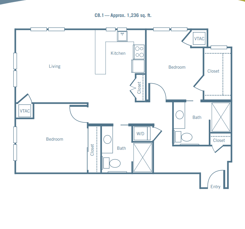 Floor plan of a two-bedroom apartment with detailed room layout.