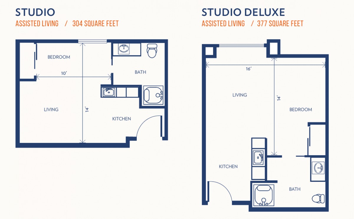 Comparison of two studio apartment floor plans with different square footages.