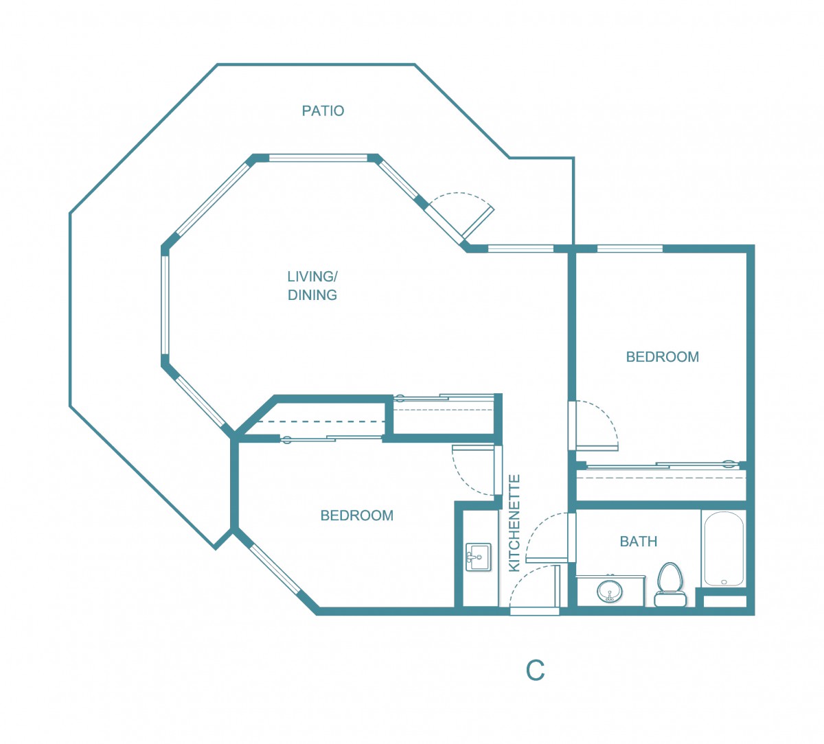 This image shows a floor plan of an apartment, featuring a living room, bedroom, kitchen, and bathroom.