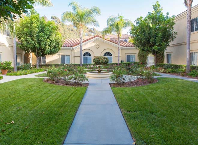 A beautiful house surrounded by a well-maintained garden with a pathway and palm trees.