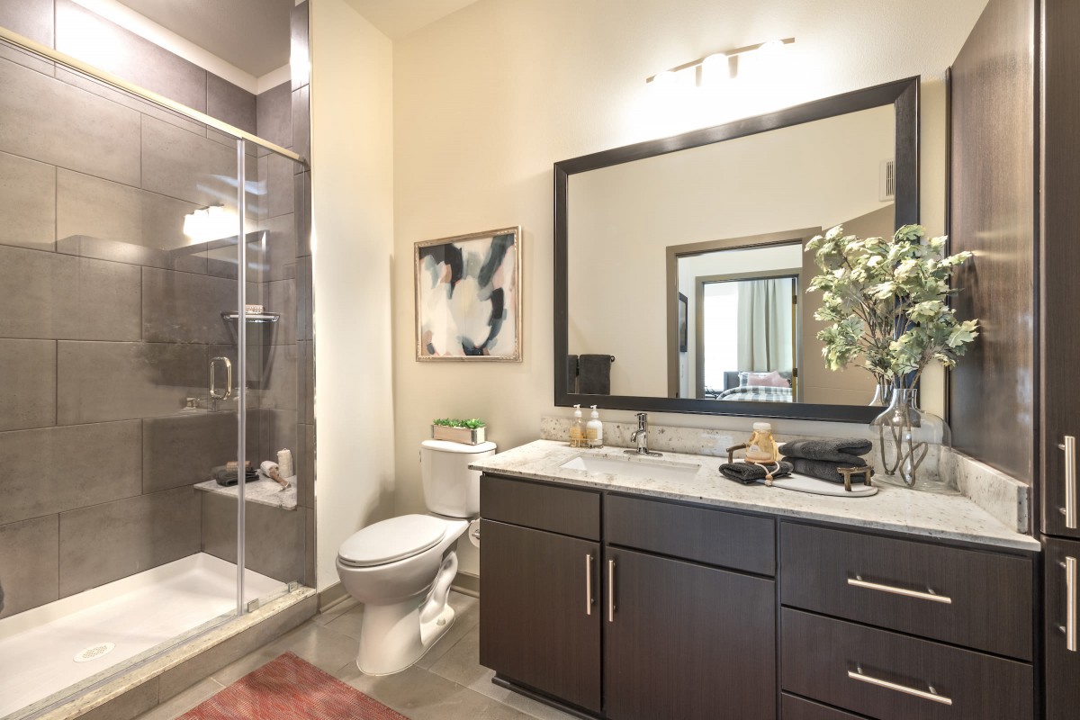 A modern bathroom featuring a spacious shower, large mirror, and elegant vanity.