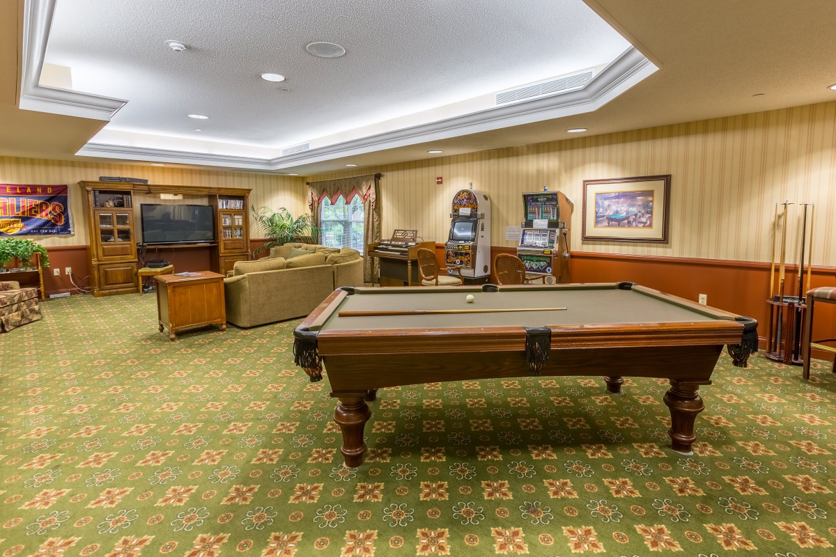 A cozy game room featuring a billiards table, television, arcade machines, and comfortable seating.