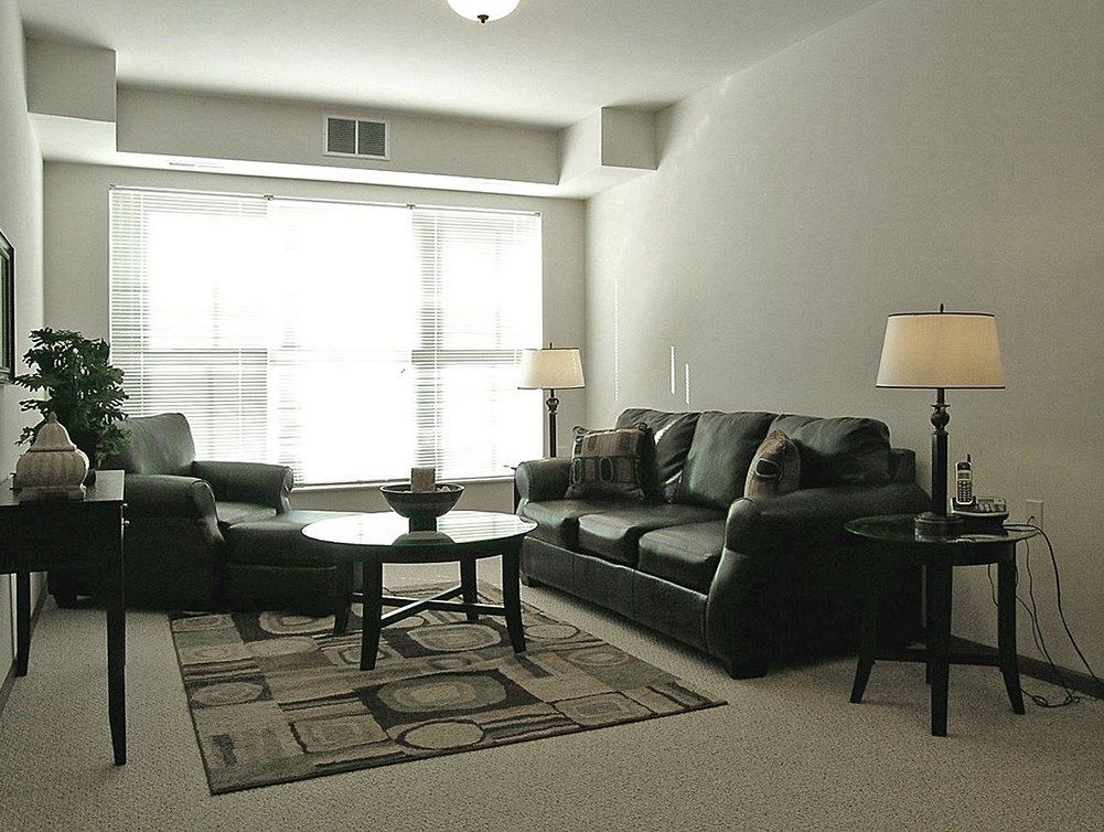 A cozy living room with dark upholstered furniture, a coffee table, and lamps, illuminated by natural light from large windows.