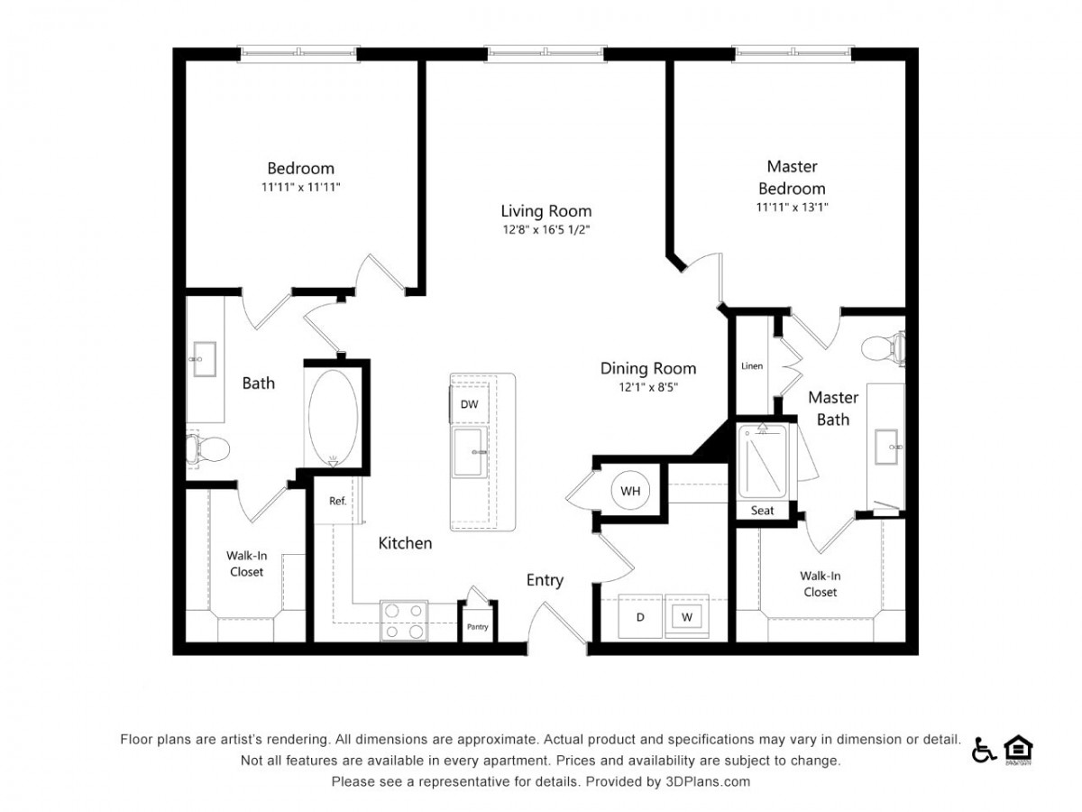 A floor plan of a two-bedroom apartment with designated areas for the kitchen, living room, bathrooms, and dining room.