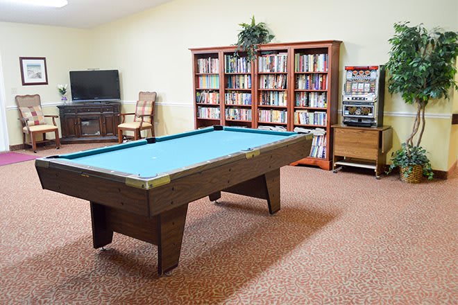 A cozy room featuring a billiard table, bookshelves, and a television.