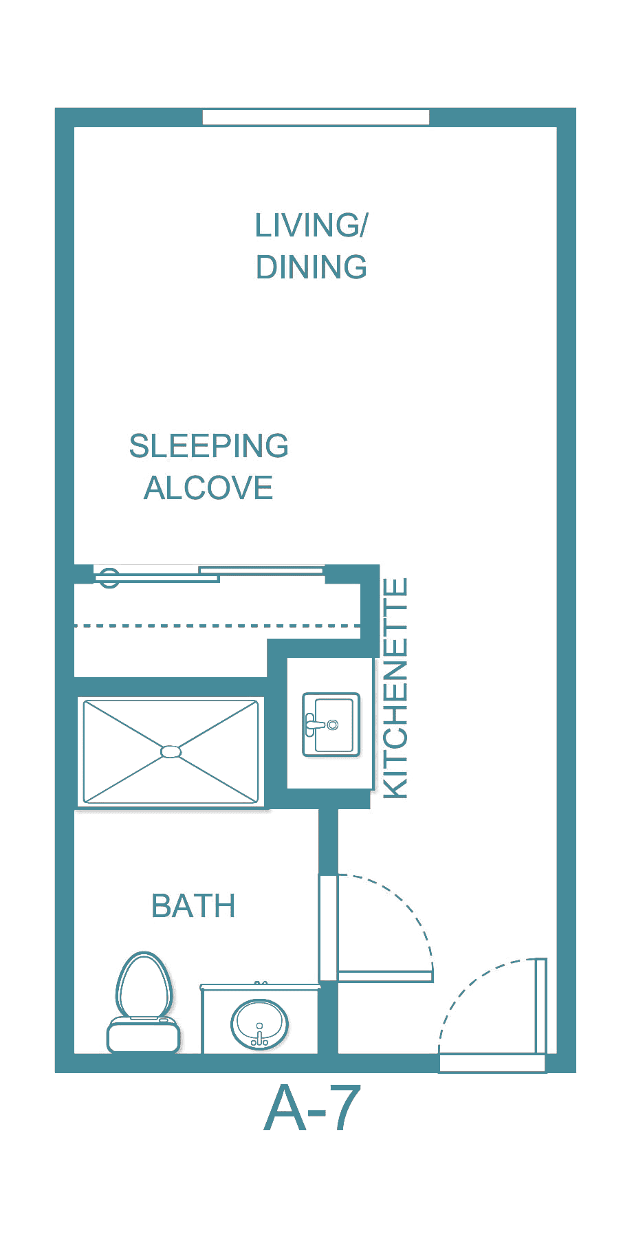 A simple floor plan of a studio apartment featuring a sleeping alcove, kitchenette, and bathroom.