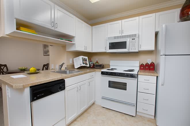 A modern kitchen with white cabinets and standard appliances.