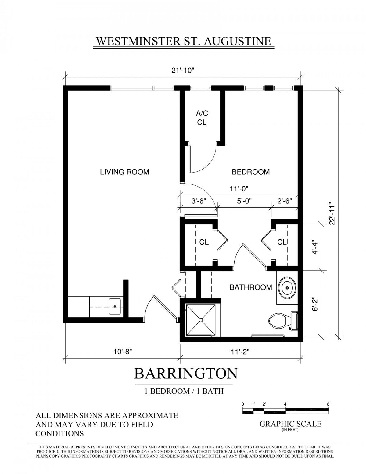 A floor plan for the Barrington apartment featuring one bedroom, a living room, bathroom, and AC unit.