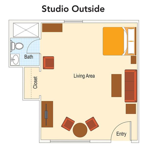 Studio apartment floor plan with designated living and bathroom areas.