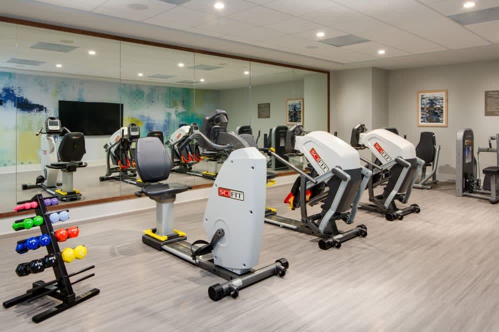 A modern gym with various exercise machines and a large mirror on the wall.