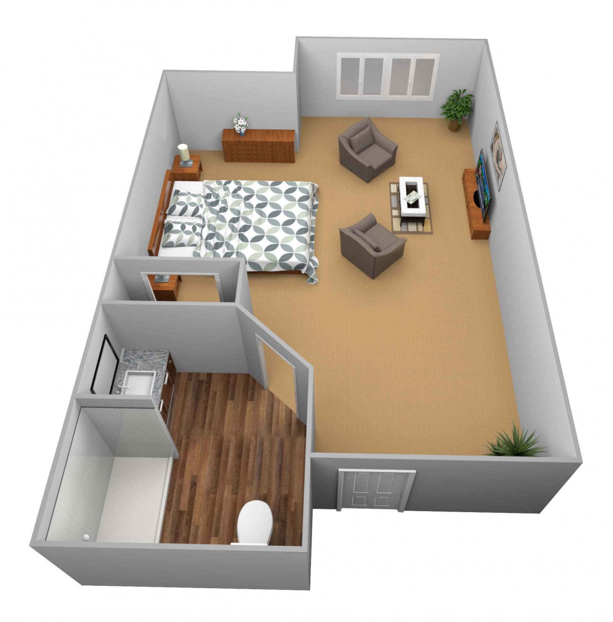 A 3D rendering of a one-bedroom apartment floor plan, featuring a bedroom, living area, and bathroom.