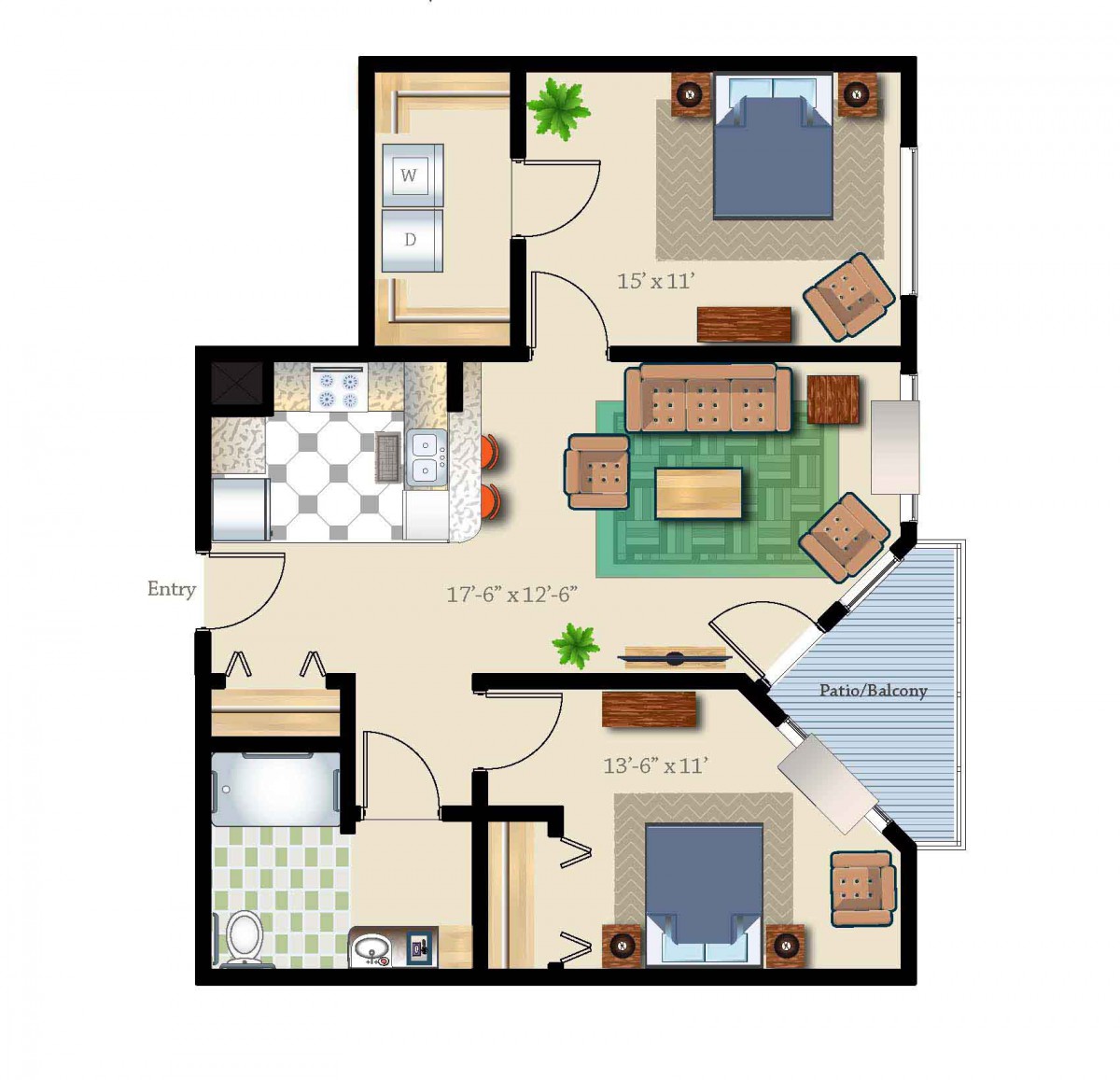 A floor plan of a two-bedroom apartment featuring a kitchen, living room, bathroom, and balcony.