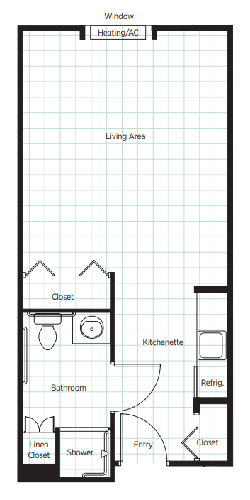 A floor plan of a studio apartment featuring a living area, kitchenette, closet, and bathroom.