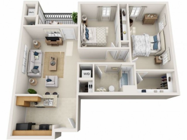 A 3D floor plan of a two-bedroom apartment featuring a living room, kitchen, and bathroom.