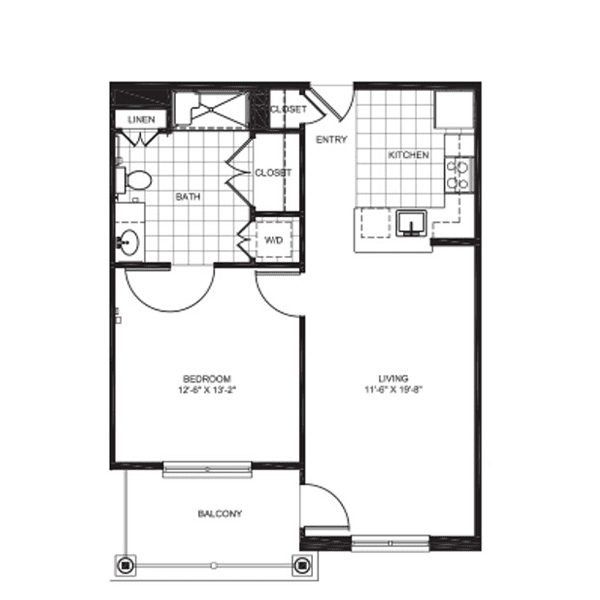 A floor plan of a one-bedroom apartment featuring a bathroom, kitchen, living room, and balcony.
