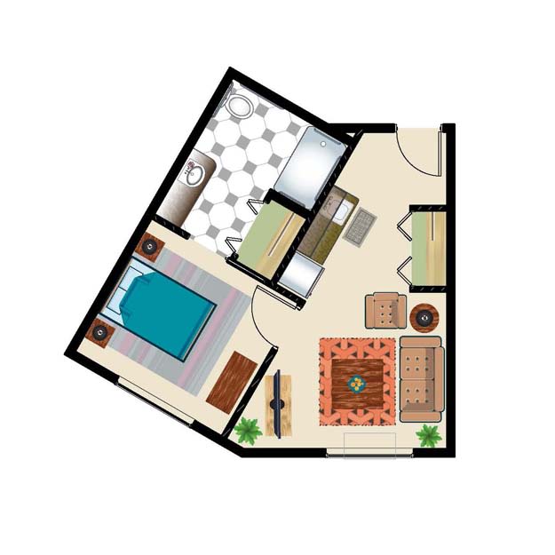 A floor plan of a one-bedroom apartment with a bathroom, kitchen, and living area.