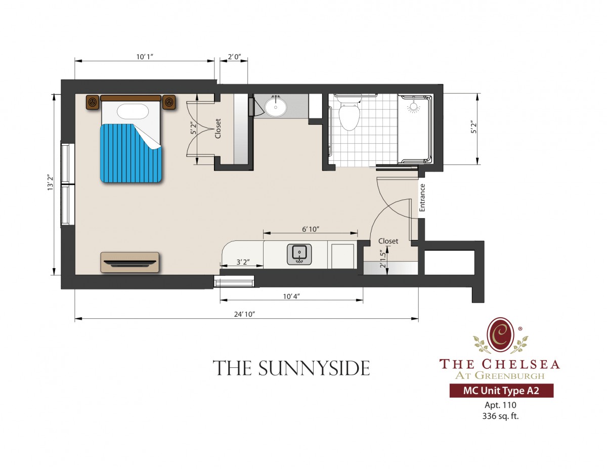 A floor plan for 'The Sunnyside' apartment, showing the layout of the living area, kitchen, bedroom, and bathroom.