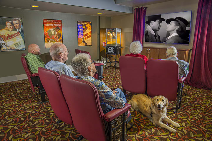 A group of seniors enjoying a classic movie in a cozy home theater setting, accompanied by a dog.