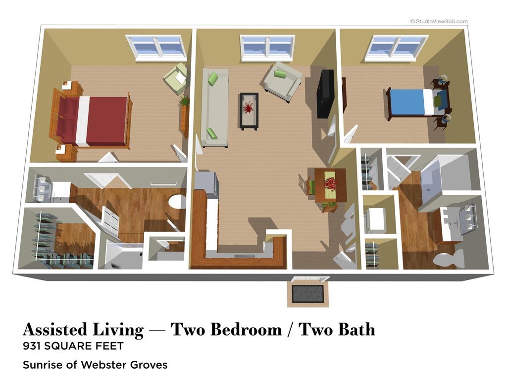 3D floor plan of an assisted living apartment with two bedrooms and two bathrooms.